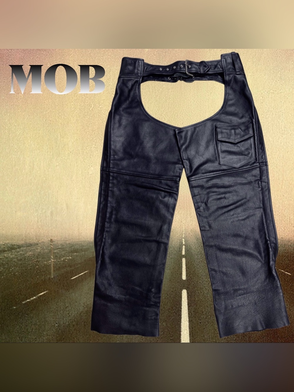 VTG Unisex MOB Classic X4 Black Leather Motorcycle Chaps